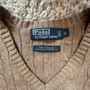 Polo Ralph Lauren 100% Tussah Silk Cable Knit V Neck Sweater Tan Size L